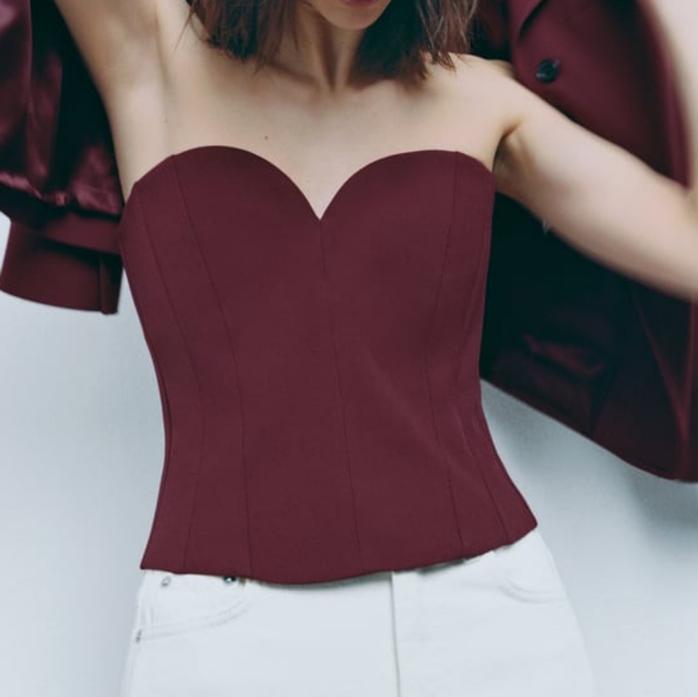 Zara sweetheart bustier burgundy size S ZW Collection BNWT
